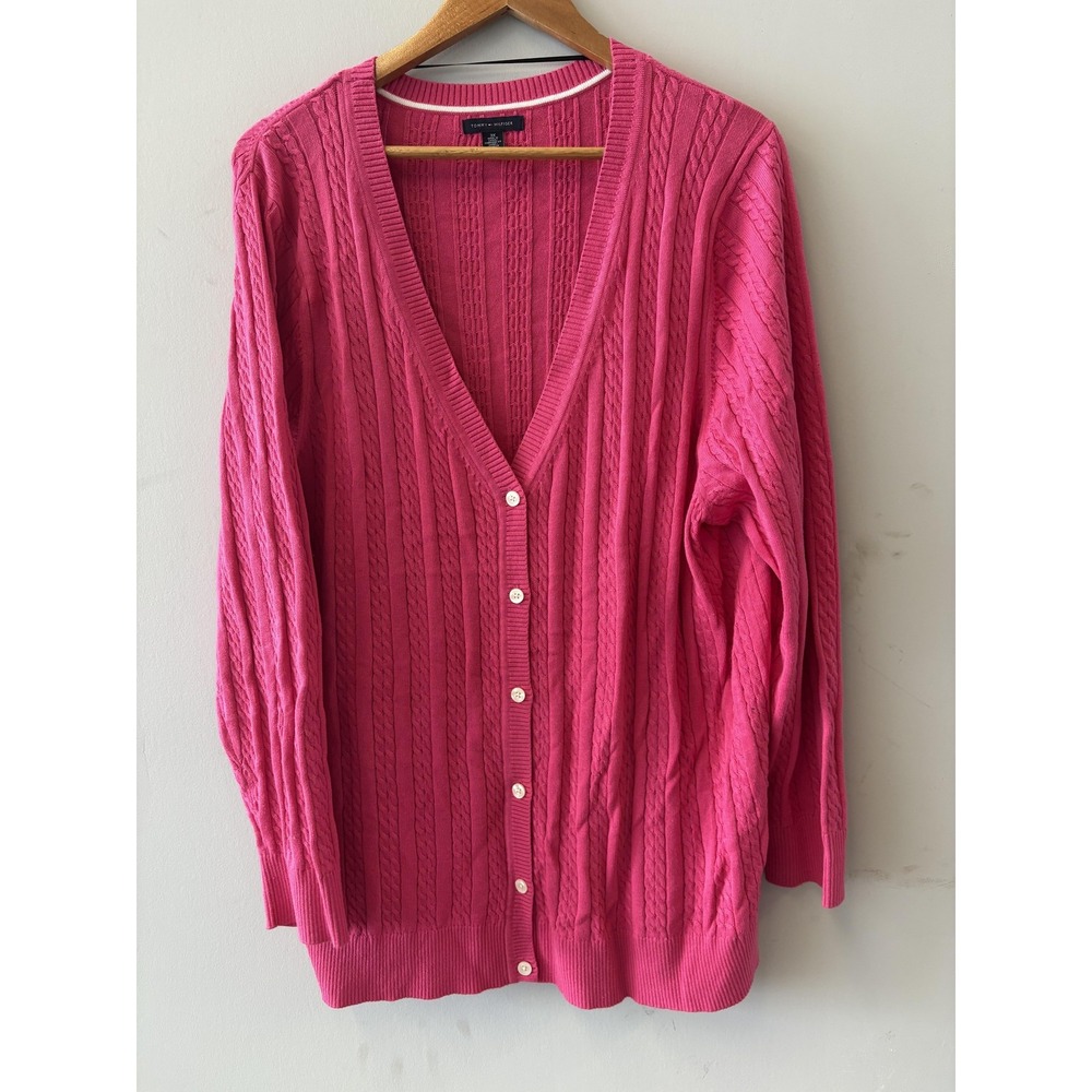 Tommy Hilfiger Cardigan Sweater Womens 3X Pink Cable Knit Button Front Cotton
